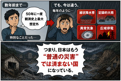 日本で災害が普通のことでなくなったことを表す画像