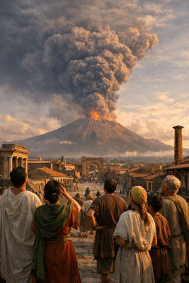 火山爆発を眺める人々の画像