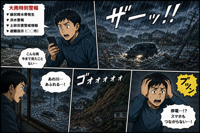 大雨で冠水する漫画の画像