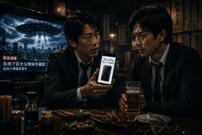 主人公が同僚と居酒屋にいる画像