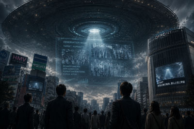 UFOが東京上空で人間を観察している画像