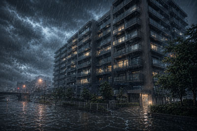 マンションを打つ大雨の画像