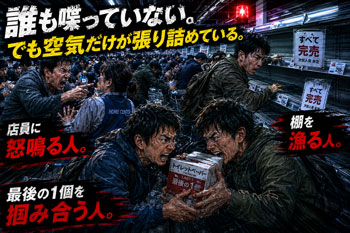 ホームセンターの物を奪い合う消費者の画像
