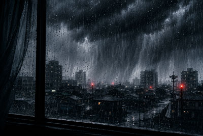 窓越しに見える大雨の様子画像