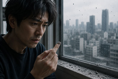 指先の灰を眺める男の画像