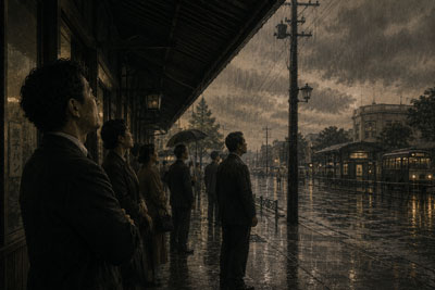 屋根の下で雨宿りする人の画像