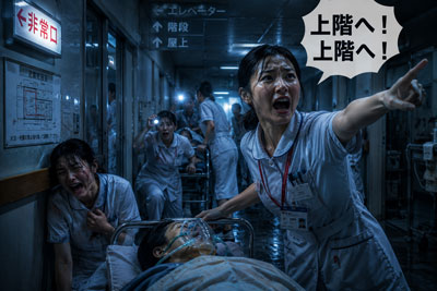 避難を叫ぶナースの画像